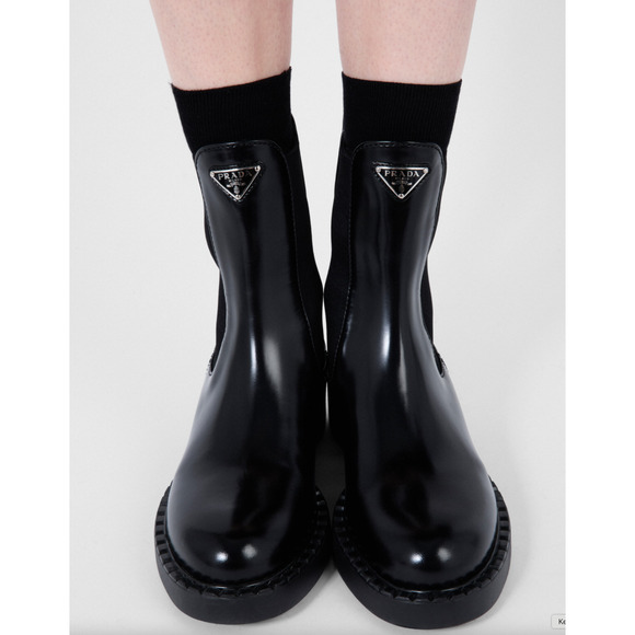 Prada Chocolate Brushed Leather Black Pull On Chelsea Ankle Mid Calf Boot 37.5 - Picture 7 of 16